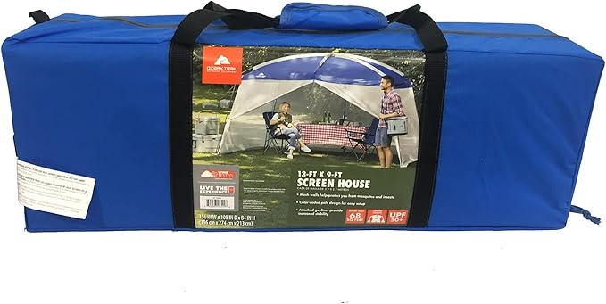 Ozark Trail 13x9 Screen House Tent, Blue, Mesh Panels for Insect Protection, Dual Zipper Doors, PE Splash Guard, Steel and Fiberglass Frame, Color Coded Poles, Carry Bag Included, Outdoor Use