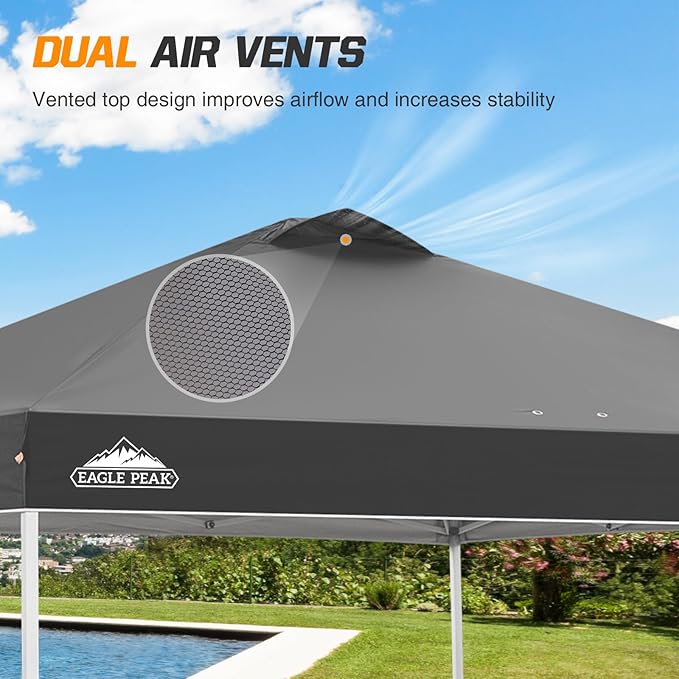 EAGLE PEAK Pop Up Canopy Tent with Wheeled Carry Bag, 8 Stakes, 4 Ropes, 4 Weight Bags, Easy Set Up Tent Canopy, 10x10 ft, 100sqft of Shade, Gray