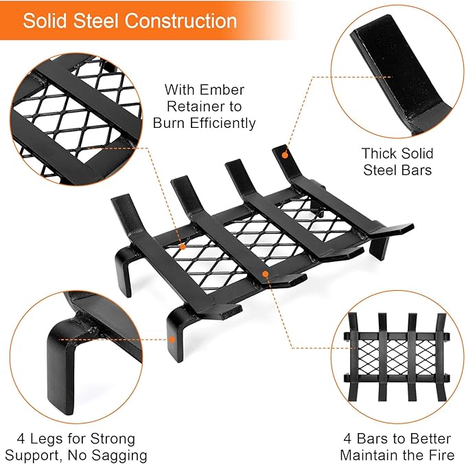 13" Fireplace Grate with Ember Retainer, Wood Stove Grate Rack, Heavy Duty Solid Steel Firewood Holder, Non-Assembly Fire Grate for Indoor Hearth Outdoor Firepit - Matt Black