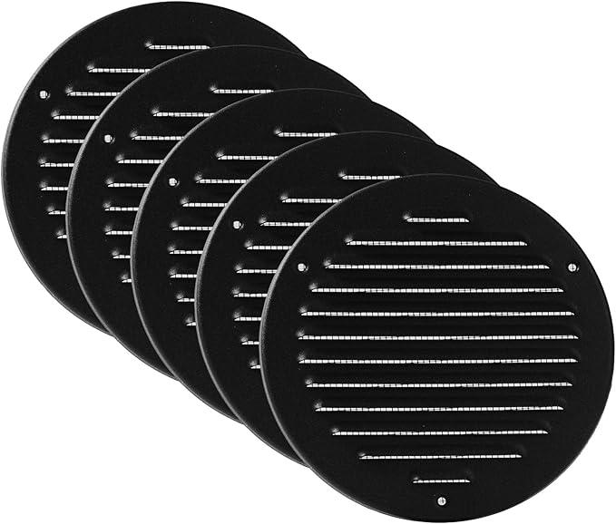 Vent Systems 6 Inch (Inner) - Pack of 5 - Black Metal Soffit Vent Cover - Durable Round Air Vent Grille with Mesh Screen - Weather Resistant Ventilation Grill - Wall & Ceiling, Indoor & Outdoor