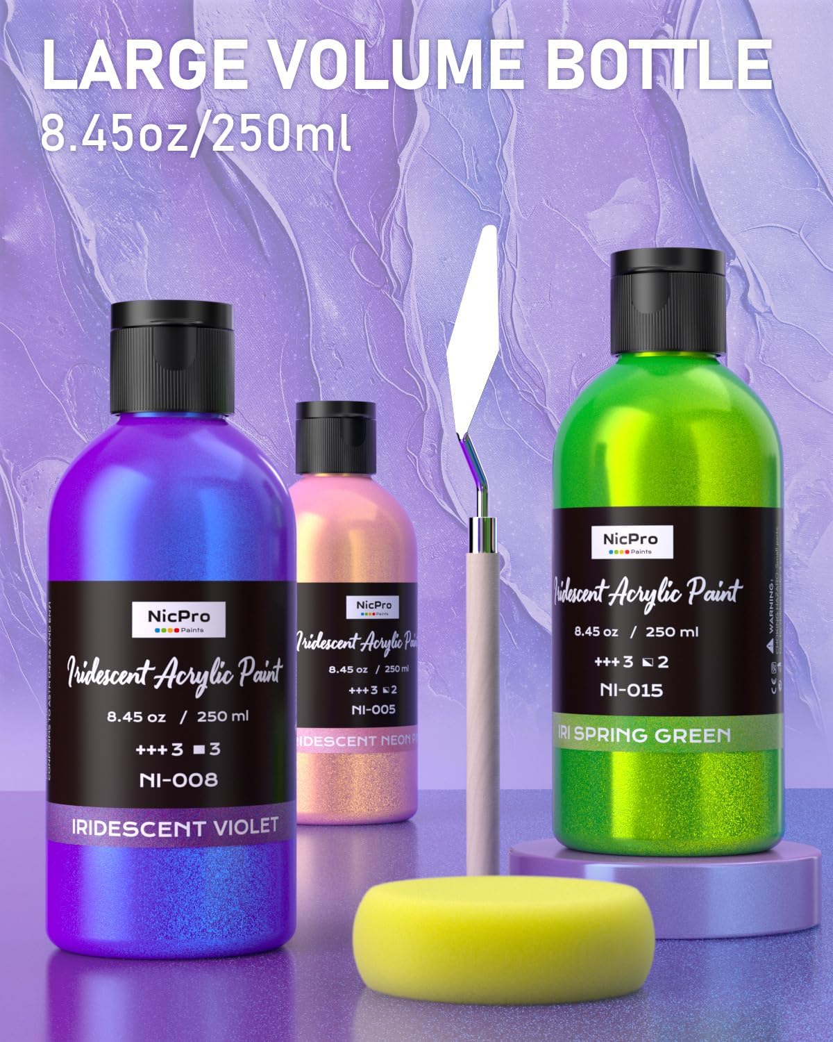 Nicpro 8 Colors Iridescent Acrylic Paint, 8.45oz / 250ml Large Bulk Metallic Acrylic Paint,Color Shifting & Non-Toxic Art Painting Supplies For Canvas Fabric Rock Wood with Color Wheel