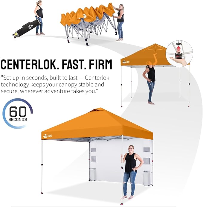CROWN SHADES Canopy Tent, 10 x 10 Foot Portable Pop Up Outdoor Shelter with Pocket Sidewall, Push Center Lock, UV Protection, and Carry Bag, Orange
