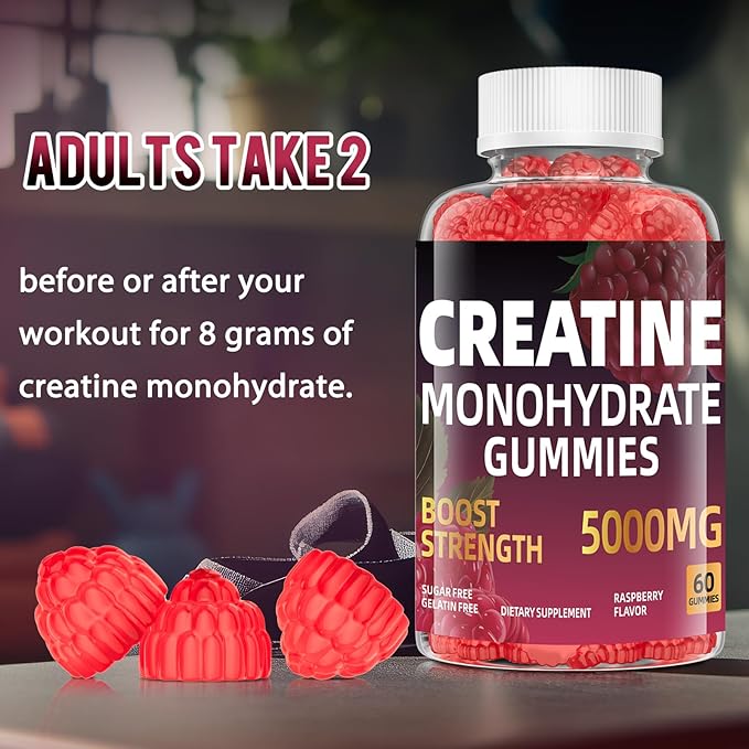 Creatine Monohydrate Gummies for Women & Men,Chew creatine pre Exercise Gummies,Strengthen Muscles,Increase Energy, Replenish Energy Before Exercise,Vegan raspberry-60 Count