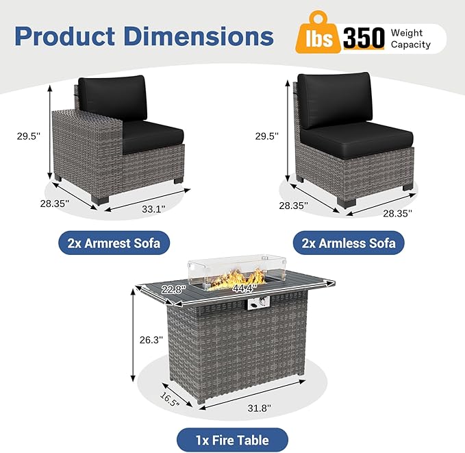 5 Piece Patio Furniture Set with Fire Pit Table, Outdoor Sectional Conversation Sets Grey Wicker Rattan Sectional Sofa for Patio Garden Backyard, 4'' Thickened Cushion Black