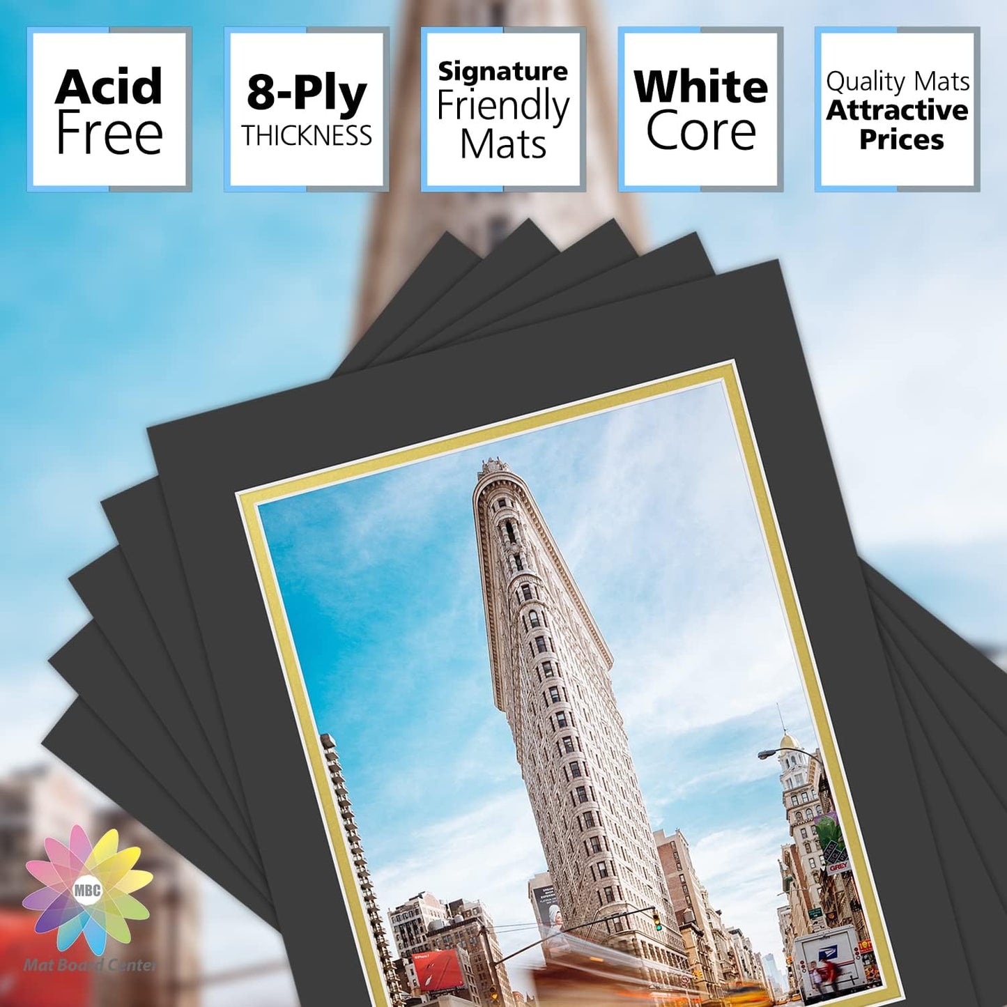 Mat Board Center, Double Mat - Acid Free, 8-ply Thickness, White Core - for Pictures, Photos, Framing (Black Over Gold, 11x14 for 8.5x11, Pack of 5)