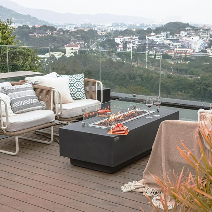 Elementi Granville Dark Grey Fire Pit Outdoor Firepit Set Includes 60” Natural Gas Concrete Firepit Table, Glass Windscreen, Stainless Steel & Canvas Cover, Floor Mat and Beverage Tub