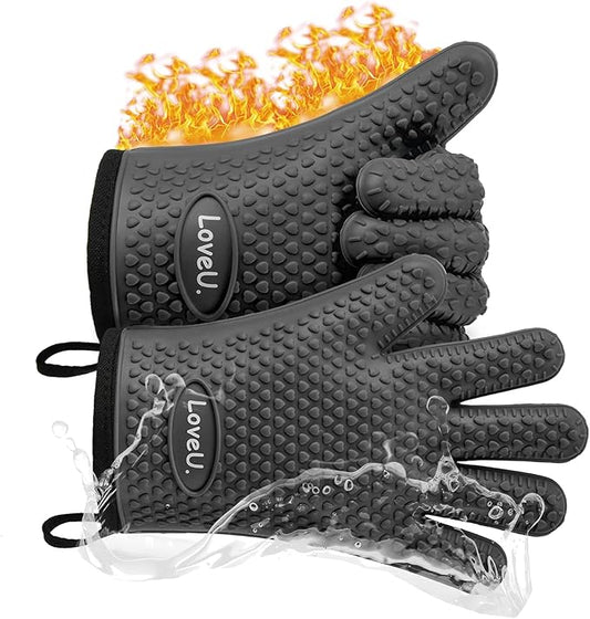 Kitchen Oven Gloves - Dual-Layer Heat Resistant Grilling Gloves, Silicone Oven Mitts with 5 Fingers, Waterproof Non-Slip Pot Holder for Barbecue, Cooking, Baking (Black)