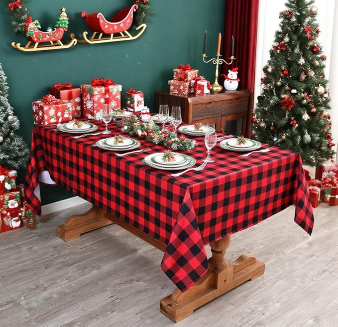 Red Gingham Christmas Plaid Tablecloth - Rectangular 58x102 Inch Water Resistant Table Cloth for Indoor/Outdoor Use - Holiday Table Cover for Kitchen, Picnics, and Parties