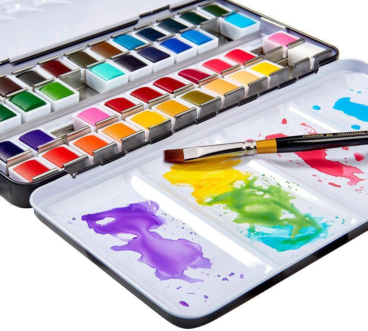 KINGART PRO Artist, Tin Box with Water Brush Watercolor Half-Pans, 48 Vibrant Colors Piece