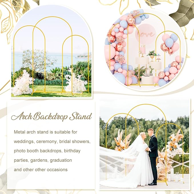 MODFUNS Metal Arch Stand Gold Wedding Arch Frame Set of 3 Balloon Arched Stands 6ft 6.6ft 7.2ft Backdrop Stands for Parties Vintage Backdrop Frame for Birthday Garden Wedding Decoration