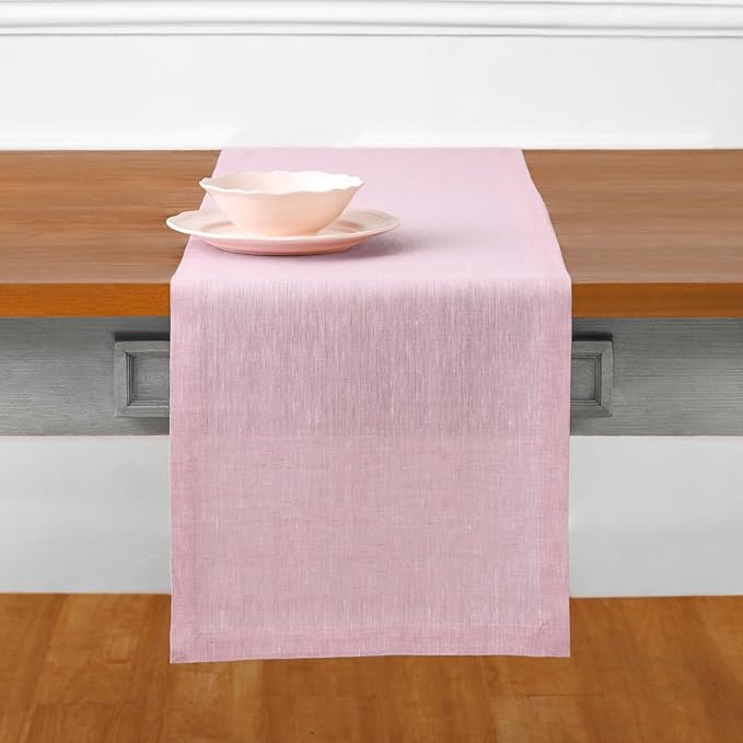 Solino Home Linen Table Runner 72 Inches Long - Athena, 100% Pure Linen Bubblegum Pink Dining Table Runner 14 x 72 Inch for Valentines, Spring, Easter