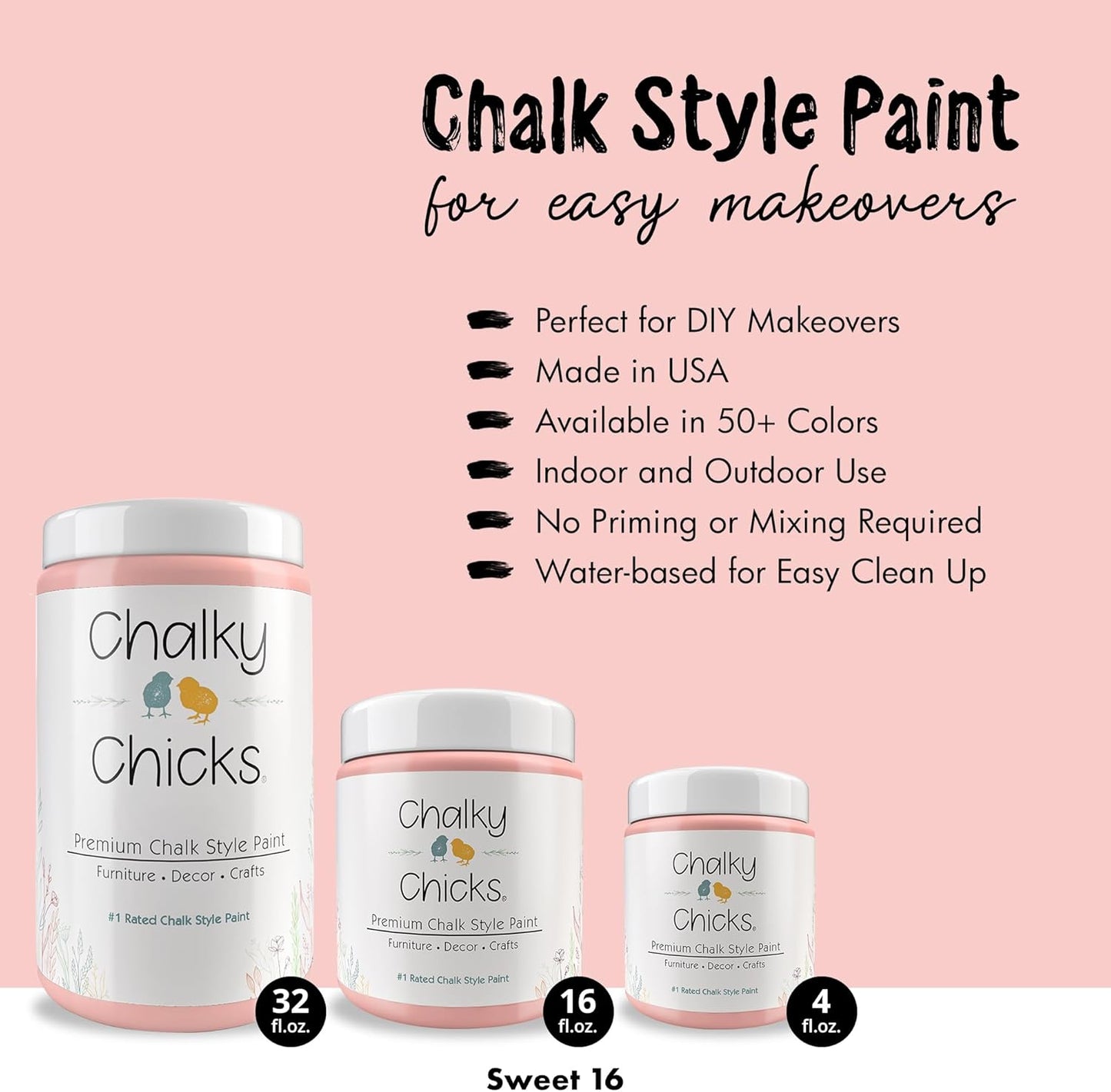 Chalky Chicks All-in-One Chalk Paint for Furniture or Cabinet - 16 Fl Oz - Matte Finish Sweet 16 (Pink) for Metal, Wood Furniture Paint - No Sanding All-in-One for Home Decor & Crafts, USA Made