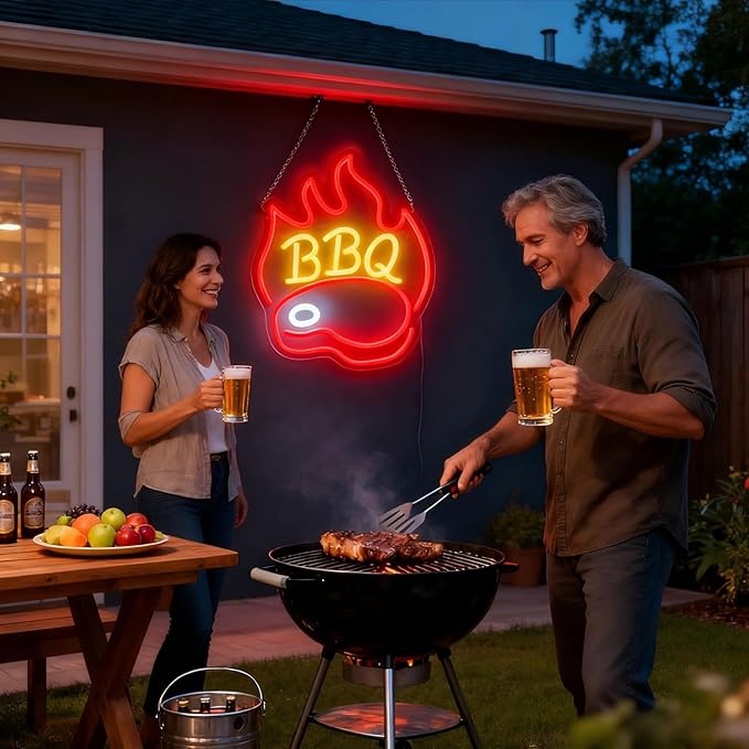 BBQ Neon Signs for Backdrop wall decor，Dimmable USB Powered,Barbecue Neon Light Up Home Party restaurant Grill Beer Bar Decoration Lights, Bright LED bbq sign (14.8"*12.2"in)