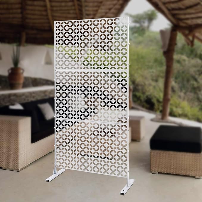 75" H×35" W Decorative Outdoor Privacy Screen with Stand, Outdoor Decor Privacy Fence Screen Metal Fence Panels, Free Standing Metal Divider for Patio Lawn Deck (White-Circle)