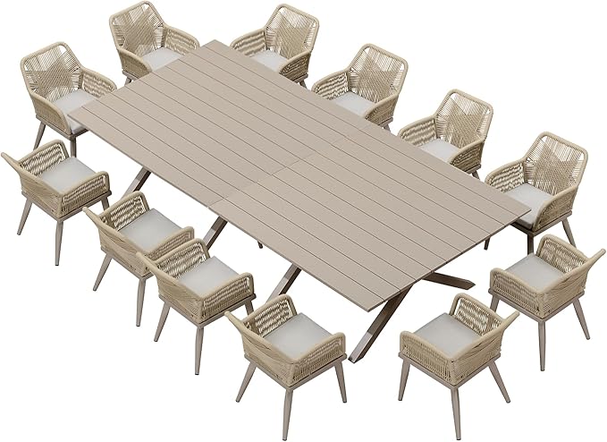 PURPLE LEAF 14 Pieces Outdoor Patio Dining Set All-Weather PE Rattan Furniture Set with All Aluminum Frame Sqaure Table and Chairs Set for 12 People Lawn Garden Backyard Deck, Champagne