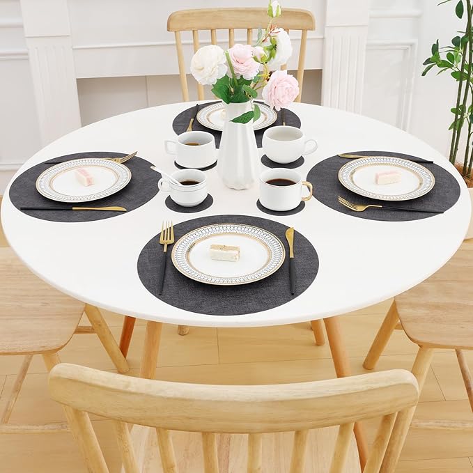 Homaxy Round Faux Leather Placemats and Coasters, Washable Dual-Side Table Mats, Wipeable Heat-Resistant Dining Place Mats for Outdoor and Indoor, Set of 4, Diameter 13 and 3.93 inch, Dark Grey