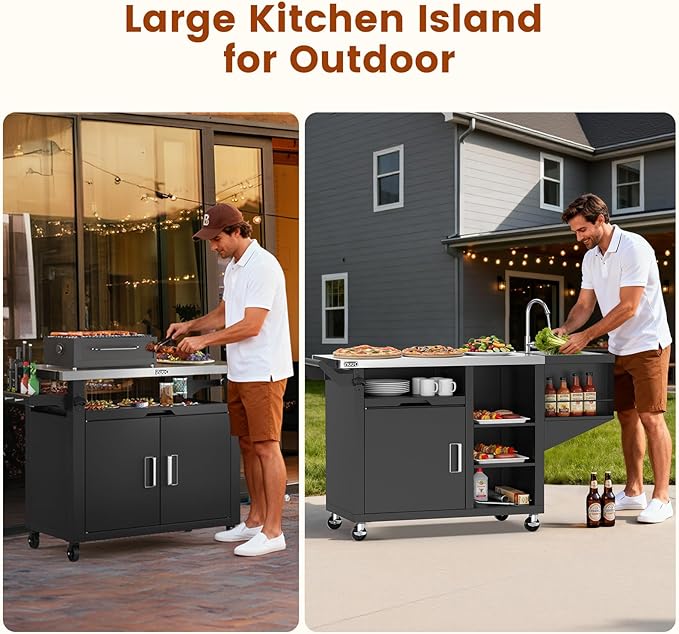 NUUK Grill Cart with Sink and Storage Cabinet Outdoor Kitchen Island Prep Table Cooking Station with Stainless Steel Top and Movable Universal Wheels for Outside BBQ Backyard Include Metal Hooks