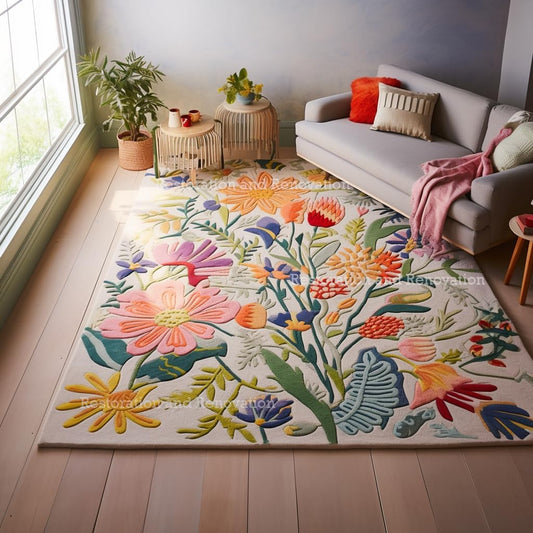 Handmade Wool Floral Area Rug for Living Room | Elegant Flower Garden Design, Soft, Thick and Durable | Bedroom, Dining Room & Home Decor Carpet (5' x 8', Floral B)