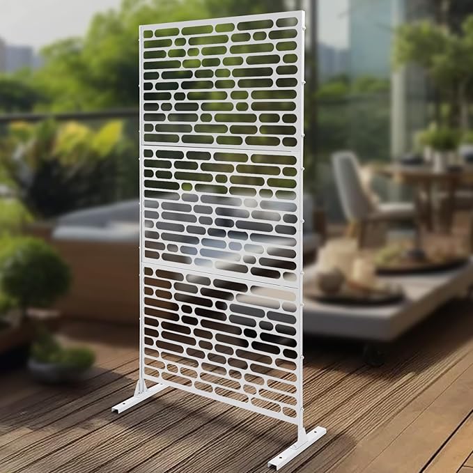Outdoor Metal Privacy Screen with Stand, 35.4" W x 75" H Freestanding Metal Slatted Decorative Privacy Screen and Panels for Patio Garden Balcony Porch (White Rounded Rectangle)