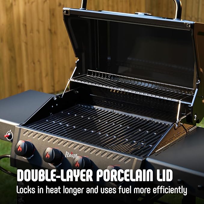 4-Burner Gas BBQ Grill with Side Table, 36,000 BTU Outdoor Propane Grill with Enameled Coated Chamber Body, Premium Porcelain-Enameled Grates for Backyard, Patio, Camping Barbecue, Black