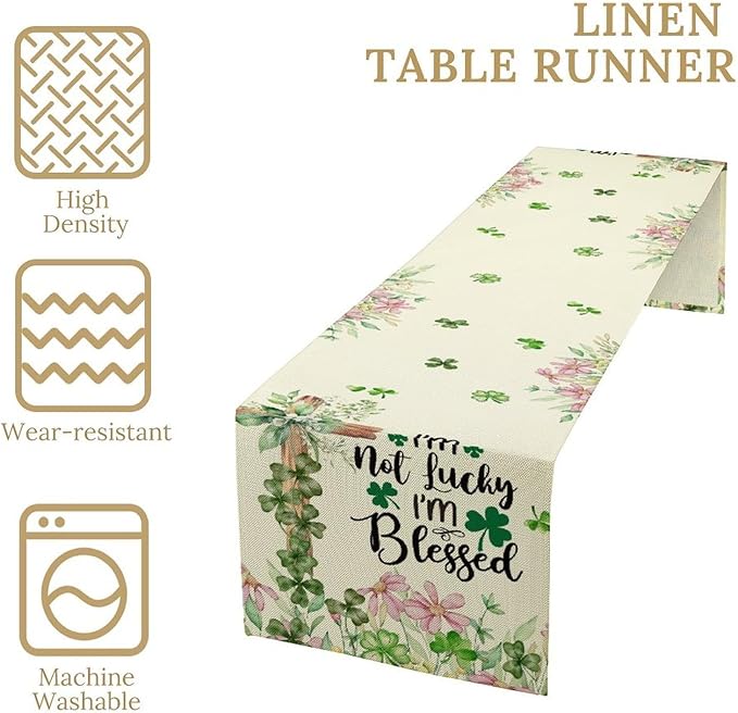 Cross Clover Table Runner,Rustic Beige Pink Floral Green Shamrock St.Patrick's Day Table Center Decor for Home Kitchen Dining Patio Holiday Party Indoor Decorations, 13"x108"