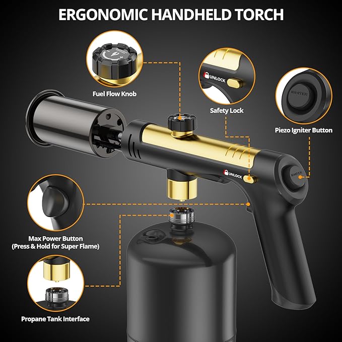 Powerful Cooking Propane Torch, Sous Vide, Adjustable Kitchen Torch with One-Touch Max Fire, Culinary Torch for Searing Steak, BBQ and Campfire Starter, Gold & Black(Tank Not Included)
