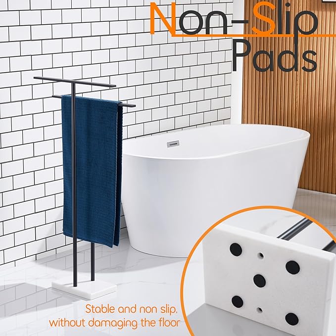Free Standing Towel Racks Matte Black 2-Tier Towel Holder for Bathroom Floor Stand with Heavy Marble Base Thicken Steady Design Stainless Steel AN7001MB