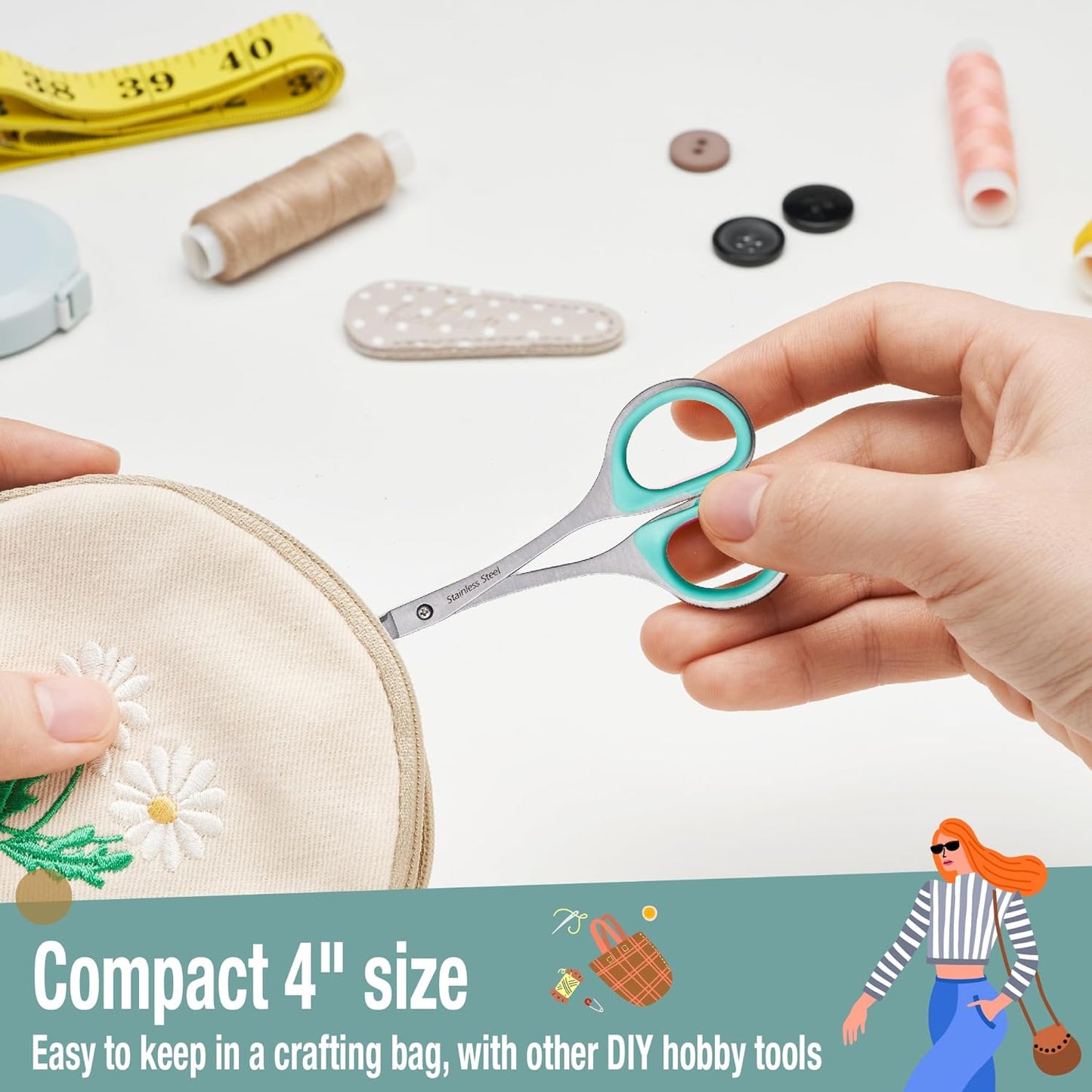 Beaditive Sewing and Embroidery Scissors Set (2 Pc.) Curved and Straight, Sharp, Stainless-Steel Design | Precision Tips, Ergonomic Rubber Handle Grip | Small, Compact DIY Use (1 Curved, 1 Straight)