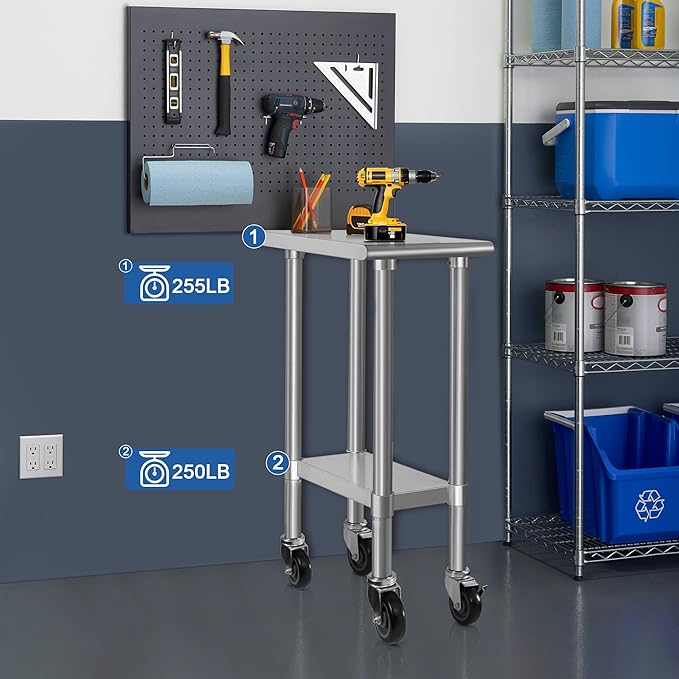 HARDURA Stainless Steel Commercial Table Prep & Work Table with Casters Heavy Duty Metal Table with Wheels NSF 430 24×12 Inches