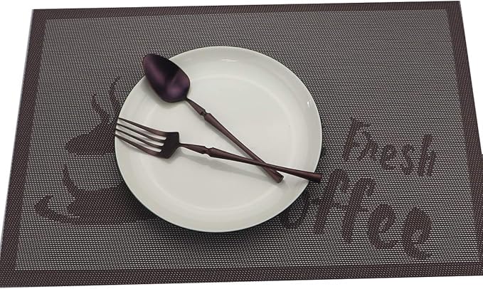 Gugrida Placemats Set of 6 Plaid Checkered Coffee Heat-Resistant Anti-Skid PVC Placemat for Dining Table Durable Woven Vinyl Stain tablemats 18"X12", Large