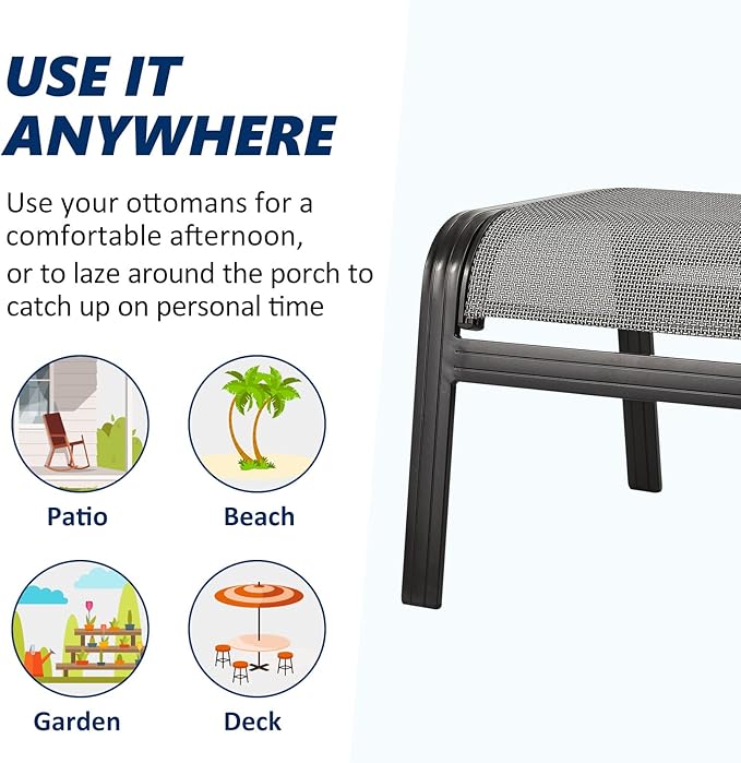 Outdoor Patio Ottoman Seat Textilene Portable Metal Footstool Portable Footrest Patio Chairs 2 Set Grey