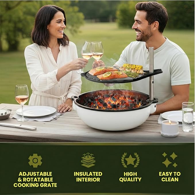 Bola Grill Traveler Portable Charcoal Grill – Small Tabletop BBQ Grill with Adjustable & Rotating Grate for Outdoor Cooking, Camping & Backyard BBQ (White)