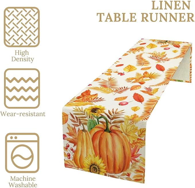 Fall Pumpkin Table Runner, Rustic Autumn Harvest Thanksgiving Sunflower Leaves Table Runner for Kitchen Dining Table Decoration Party Holiday, 13x60inch