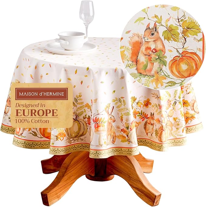 Maison d' Hermine Table Cloth Round Table 100% Cotton 63 Inches Fall Tablecloth Reusable Everyday Use for Thanksgiving Christmas Decorations Dining Farmhouse Party (Pumpkin Passion)