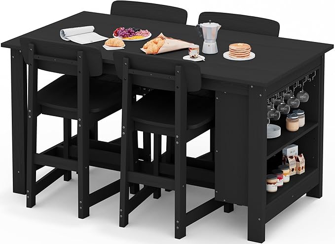 SERWALL Outdoor Bar Table and Chairs Set, 5-Piece HDPE Counter Height Patio Dining Sets with Storage and Wine Rack, Rectangular High Top Bar Table with 4 Bar Stools for Garden, Backyard, Black
