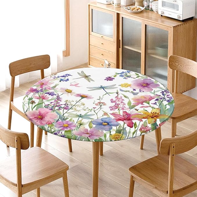 Spring Summer Floral Round Fitted Tablecloth with Elastic Wildflower Dragonfly Circle Table Cloth for 36-40" Tables Farmhouse Easter Flowers Stretch Waterproof Table Cover for Picnic Outdoor Dining