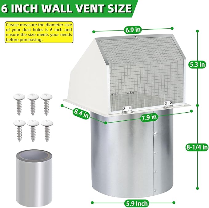 6 Inch Hooded Wall Vent with Screen and Damper,Wall Exhaust Vent Cover Cap,Dryer Vent Cover Outside,Exterior Wall Vent Hood Outlet Air Vent for Kitchen Range Hood Air Ventilation,Galvanized Steel,Whit