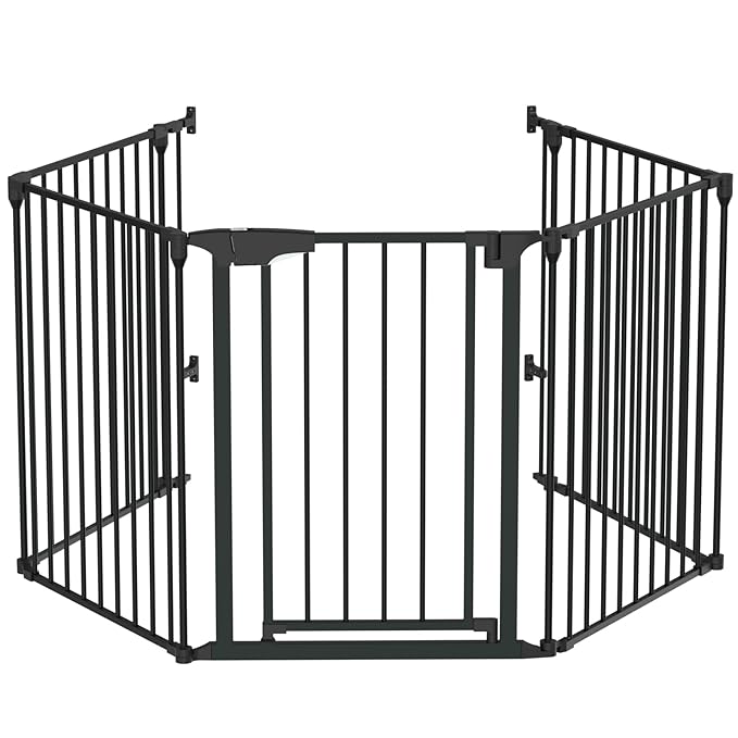 Bonnlo 120 Inches Wide Configurable Baby Gate, Fireplace Safety Fence/Guard, Adjustable 5-Panel Metal Play Yard for Toddler/Pet/Dog, Christmas Tree Fence, Includes 4 Pack of Wall Mounts, Black