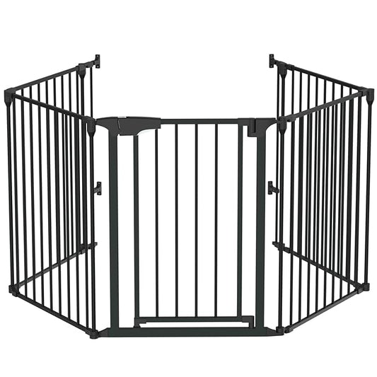 Bonnlo 120 Inches Wide Configurable Baby Gate, Fireplace Safety Fence/Guard, Adjustable 5-Panel Metal Play Yard for Toddler/Pet/Dog, Christmas Tree Fence, Includes 4 Pack of Wall Mounts, Black