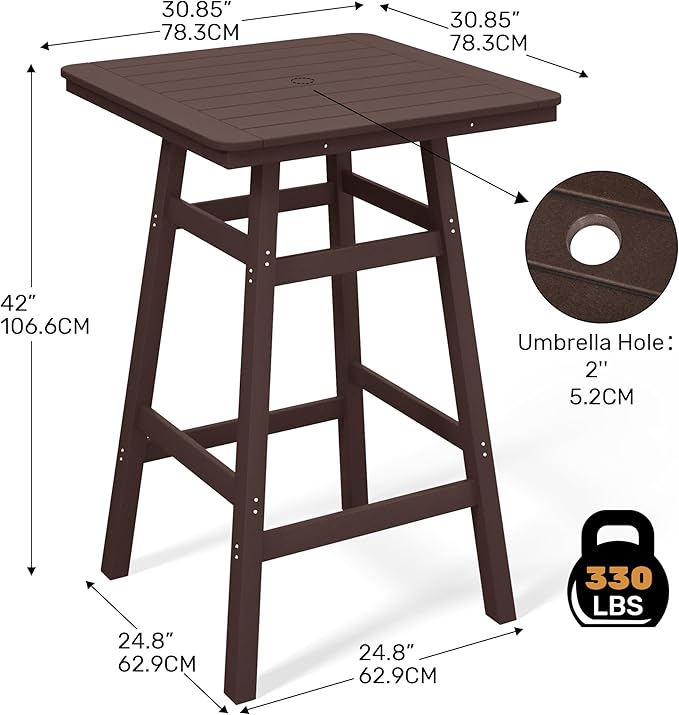 Costaelm Outdoor Bar Table, 42" Counter Height Square Patio Cocktail Bar Table with Umbrella Hole, Patio Bistro Dining Pub Table for Front Porch Deck Backyard Garden, Dark Brown