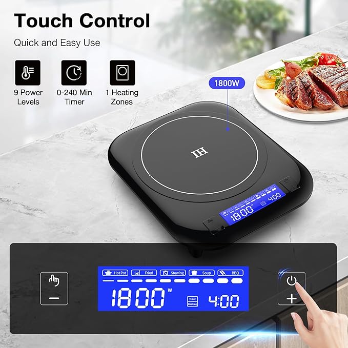 Single Induction Cooktop,1800W 110V Single Burner Cooktop,Induction Hot Plate with 5 Cooking Modes, Electric burner with LCD touch control,9 Temperature Levels & 4H Timer,Overheat protection