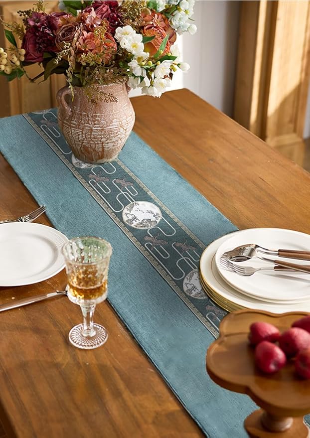 Embroidered Tassel Table Runner Chinese Style Landscape Painting Waterproof Cotton Linen Holiday Kitchen Dining Table Decoration for Home Party Decor 13x72 Inch (Blue)