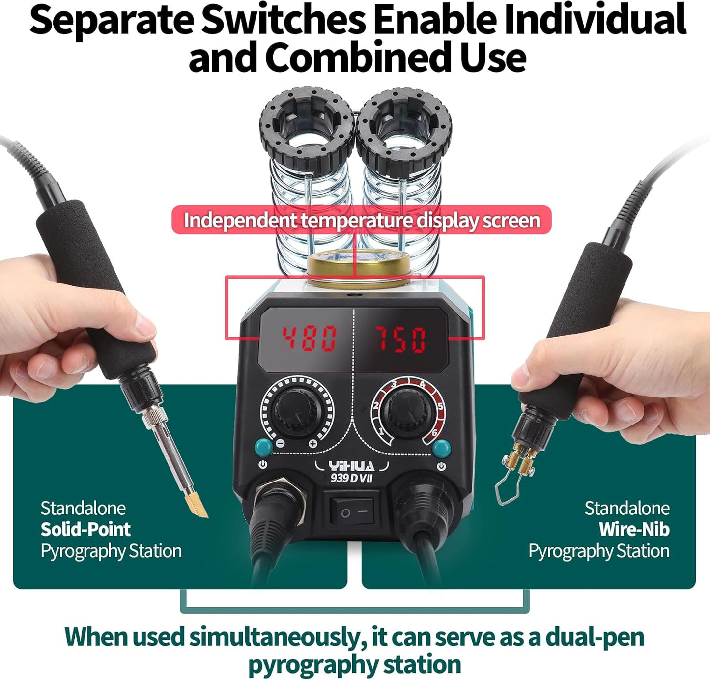 YIHUA 939D-VII Pyrography Tool Wood Burning Pen Kit Station 2-in-1 Solid-Point 200~480°C (with Temp Display)/Wire-Nib 250~750°C with 23 Nibs, 50 Solid Points, 6 Woodpieces