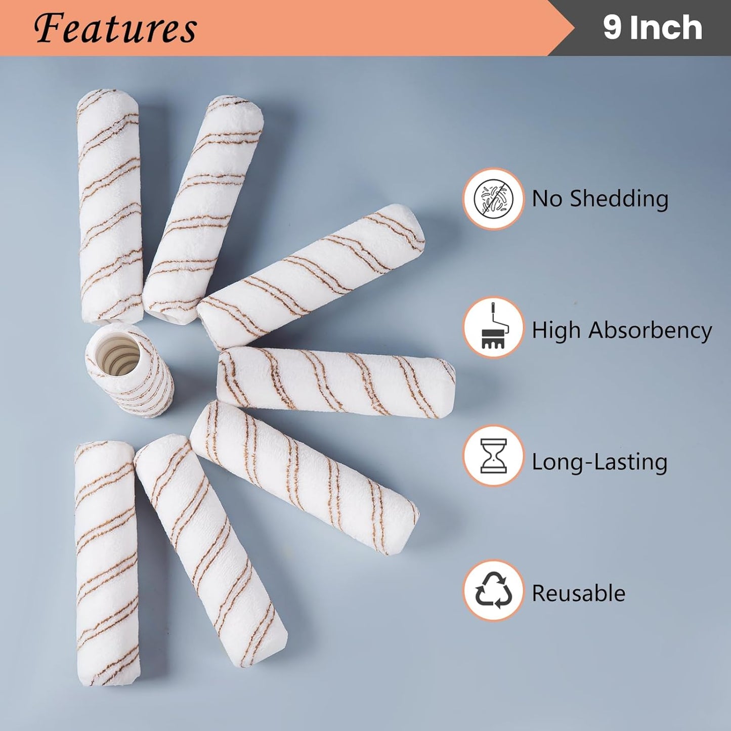 Mister Rui 9 Inch Microfiber Roller Covers, 3/8" Nap, 5 Pack, Paint Rollers for Painting, Roller Sleeves for Walls & Ceilings, Reusable Paint Rollers for Smooth Finish