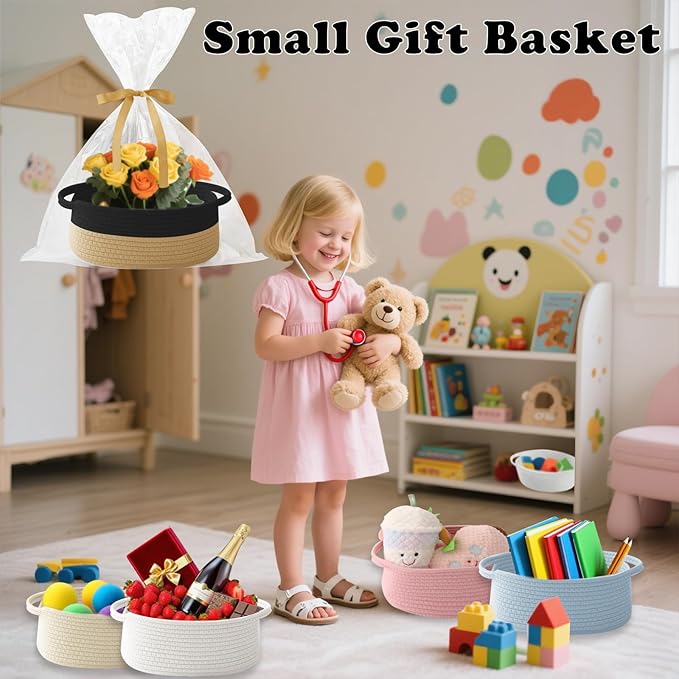 Gift Basket with Gift Bag and Ribbons,Small Rope Woven Shelf Storage,Baskets for Gifts Empty,Birthday,Baby Shower,Decorative Organizer Box with Handles(Black&Jute)