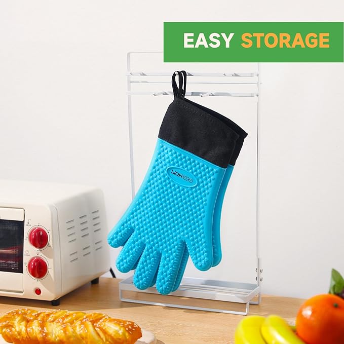 GEEKHOM BBQ Gloves Heat Resistant Oven Mitts - Silicone Grilling Gloves with 14" Long Arm Protection - Waterproof Pot Holder Non-Slip for Men & Women, Kitchen Cooking, Baking, Camping, Blue