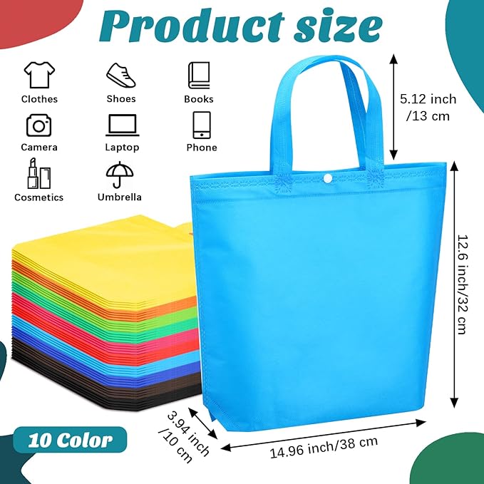 Paterr 150 Pcs Reusable Grocery Bags Bulk Large Grocery Shopping Tote with Handle Multicolor Non Woven Portable Tote Foldable Gift Bag with Button, 14.96 x 12.6 x 3.94 inches