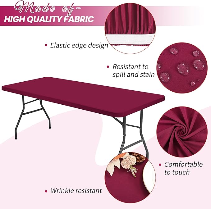 6 Pack Stretch Fabric Table Top Cap Cover, Wine Red Table Covers fits 8Ft Tables, Washable Elastic Universal Rectangle Tablecloth Protector for Indoor Outdoor Party Picnic Wedding (30" W x 96" L)