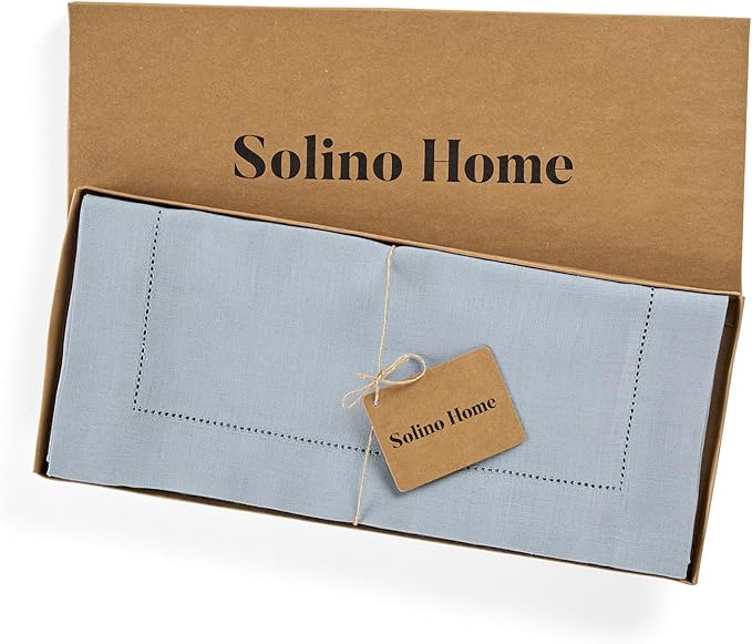 Solino Home Linen Dusty Blue Table Runner 48 Inches - Classic Hemstitch, 100% Pure Linen Coffee Table Runner 14 x 48 Inch Ideal for Dresser Tables - Winter, Spring, Easter