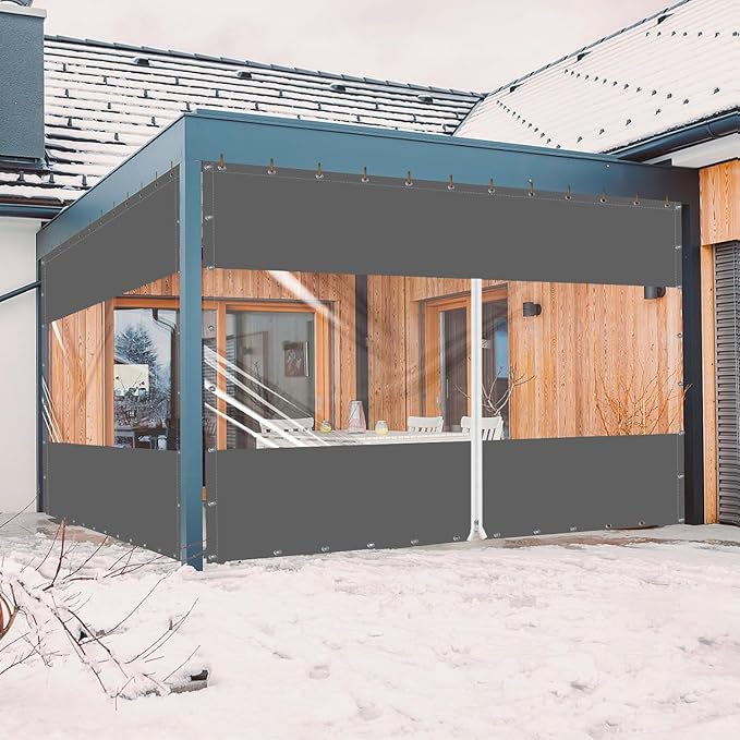 20 Oz Outdoor Vinyl Curtain with Double Sided Zip, Outdoor Clear Panel Curtain, Weather Resistant Outdoor Curtain for Pergola, Porch, Gazebos, with Rustproof Grommets (8'H x 8'W, Dark Gray)